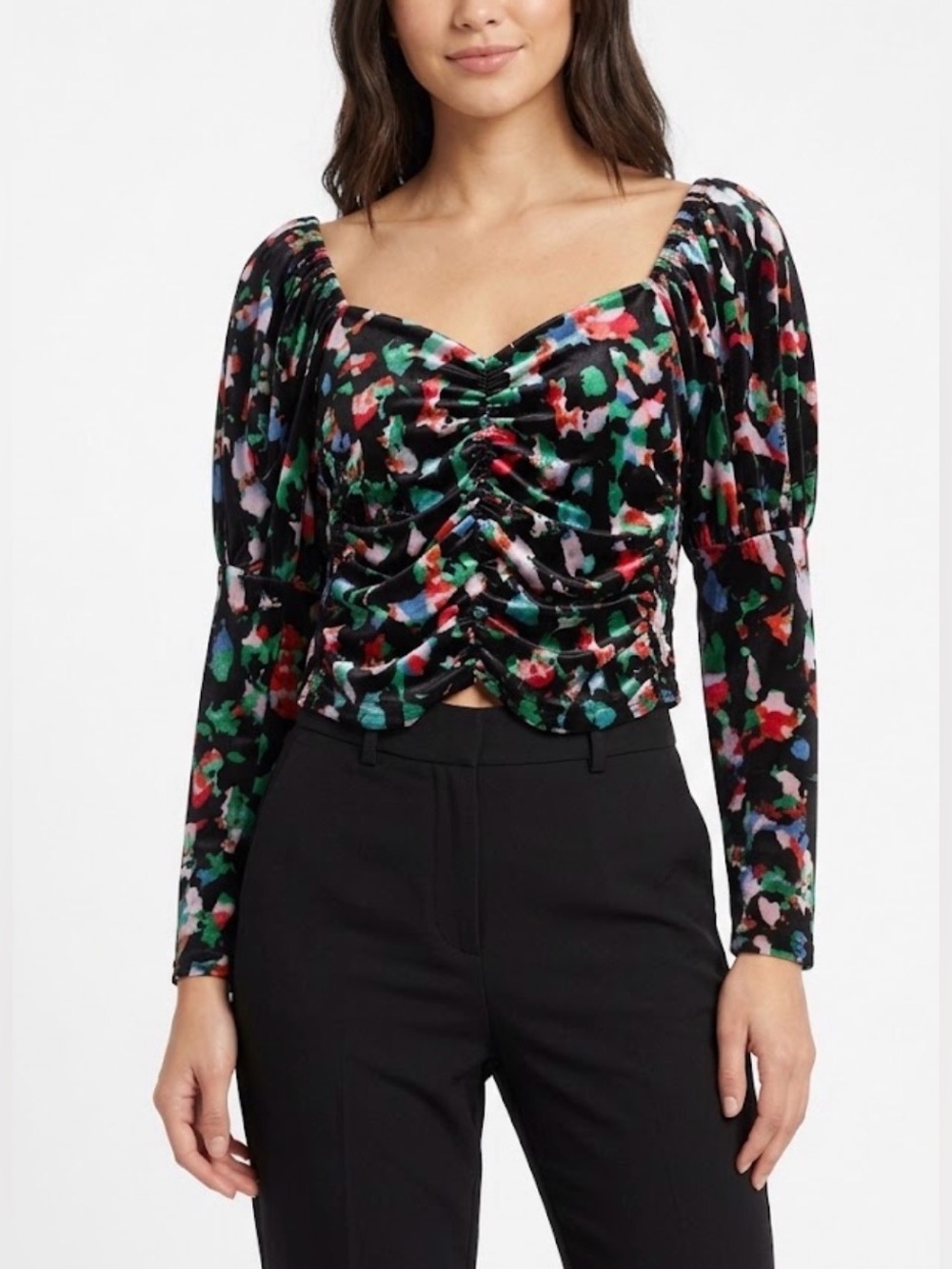 Open Edit Floral Ruched Velvet Top Sweetheart Neck Off Shoulder Puff Sleeve S